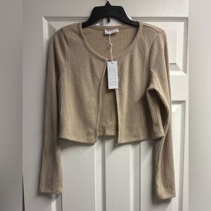 NWT Sage The Label Taupe Ribbed Knit Cropped Cardigan Size Large